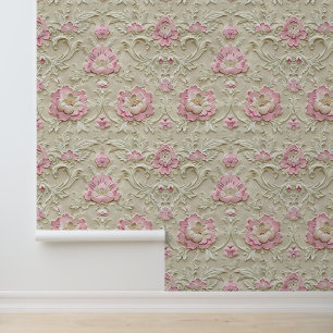 Damask luxury beige texture pink rose blossom wallpaper