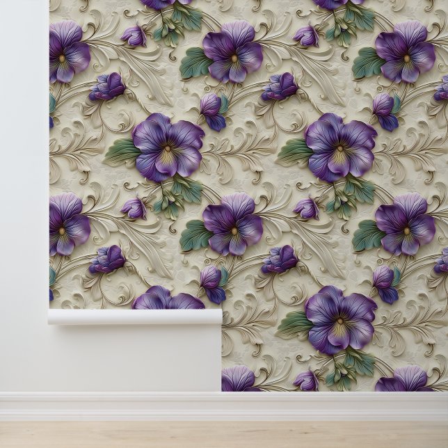 Damask luxury emboss texture purple viola blossom wallpaper (Application)
