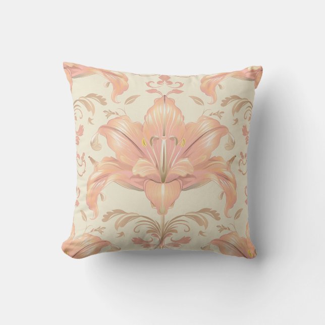 Damask luxury texture of peach lily flower blossom cushion (Front)