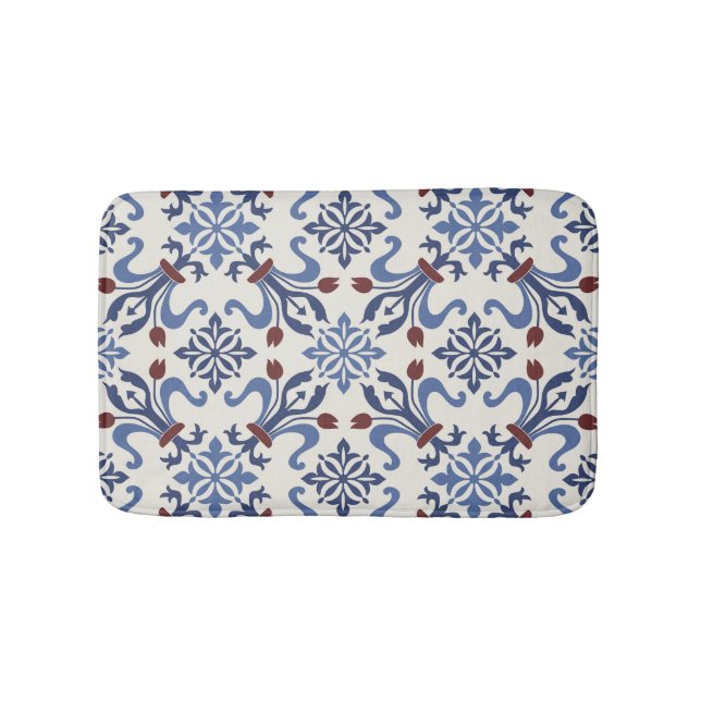 Damask Majolica Pottery Tile Design Bath Mat (Front)