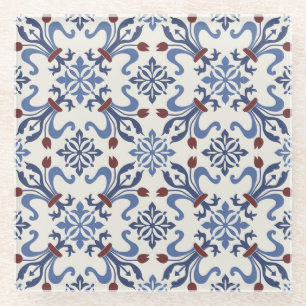 Damask Majolica Pottery Tile Design Glass Coaster