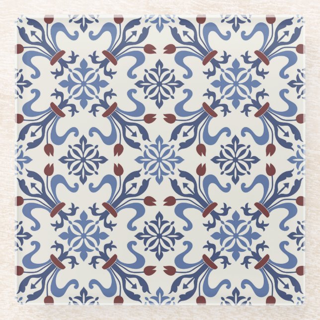 Damask Majolica Pottery Tile Design Glass Coaster (Front)