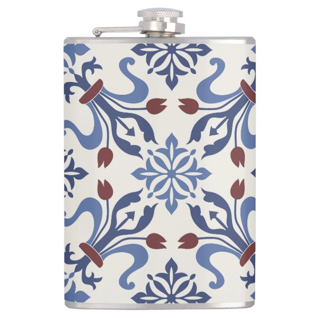 Damask Majolica Pottery Tile Design Hip Flask (Front)
