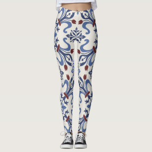 Damask Majolica Pottery Tile Design Leggings