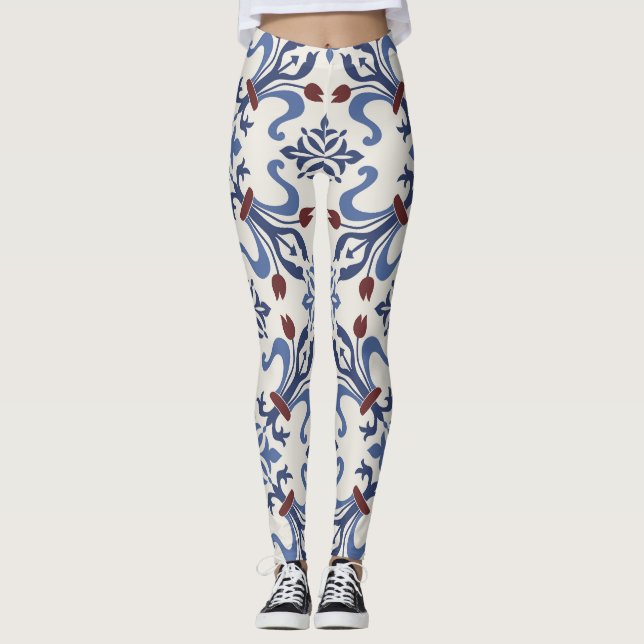 Damask Majolica Pottery Tile Design Leggings (Front)