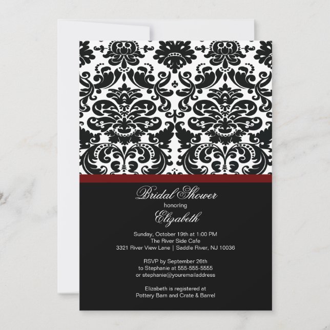 Damask Merlot Wine Red Bridal Shower Invitation (Front)