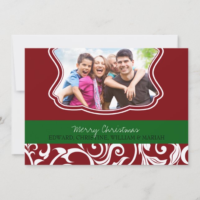 Damask Merry Christmas Family Photo Holiday Card (Front)