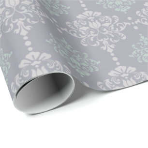 Damask Mint Green Pastel Grey Grey Delicate Wrapping Paper