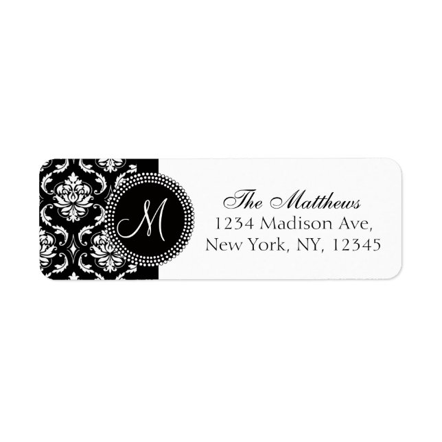 Damask Monogram Address Label Black White Return Address Label (Front)