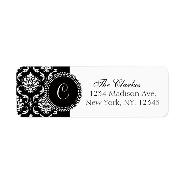 Damask Monogram Address Labels Black White (Front)