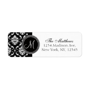 Damask Monogram Address Labels Black White