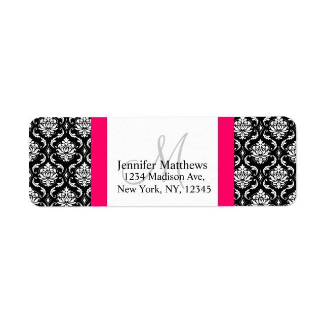 Damask Monogram Address Labels Pink Black White (Front)