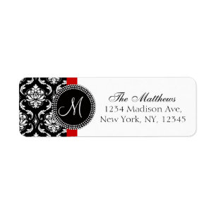 Damask Monogram Address Labels Red Black White