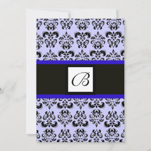 DAMASK MONOGRAM,black and white,blue Invitation