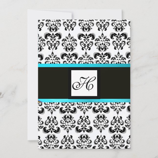 DAMASK MONOGRAM,black and white,blue turquase Invitation (Front)