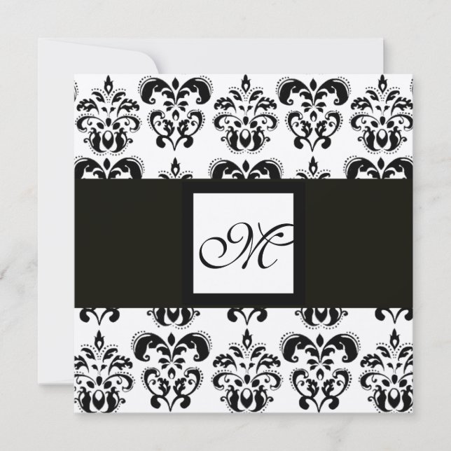 DAMASK MONOGRAM,black and white,gold metallic Invitation (Front)