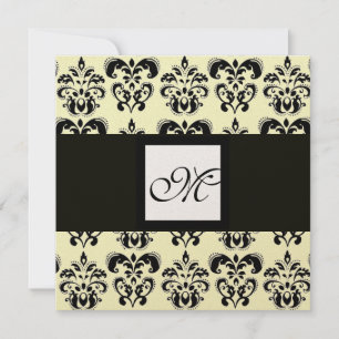 DAMASK MONOGRAM,black and white,gold metallic Invitation