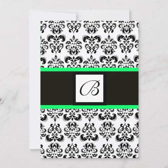 DAMASK MONOGRAM,black and white,green Invitation (Front)