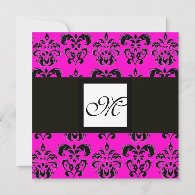 DAMASK MONOGRAM,black and white,pink fuchsia Invitation (Front)