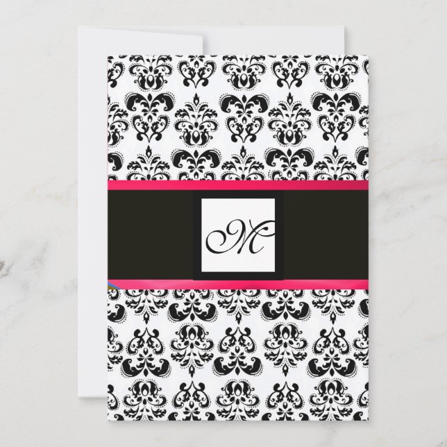DAMASK MONOGRAM,black and white, pink fuchsia Invitation (Front)