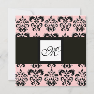DAMASK MONOGRAM,black and white,pink Invitation
