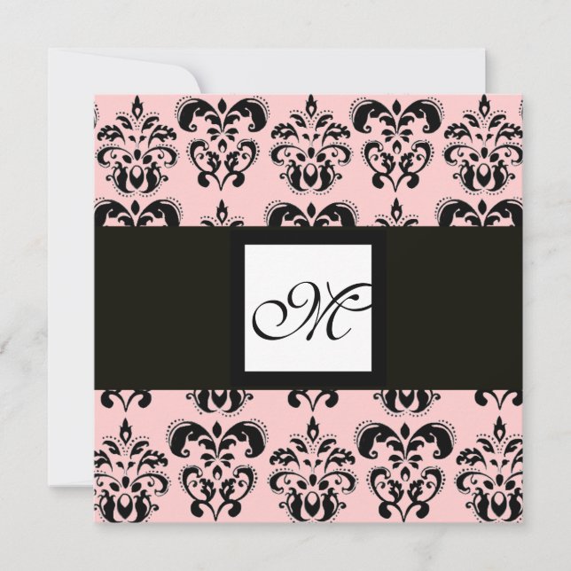 DAMASK MONOGRAM,black and white,pink Invitation (Front)