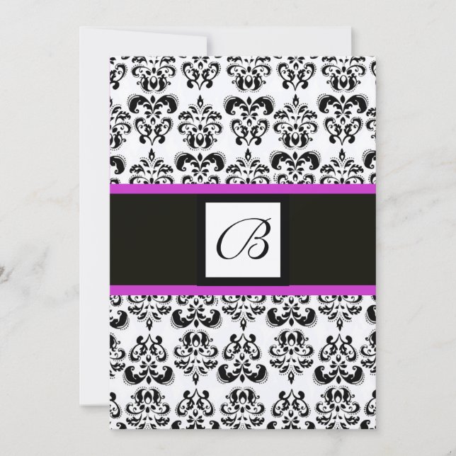 DAMASK MONOGRAM,black and white,pink violet gold Invitation (Front)