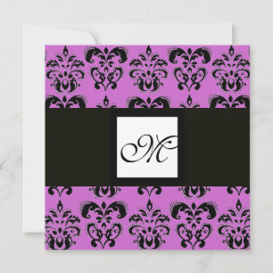 DAMASK MONOGRAM,black and white,purple Invitation