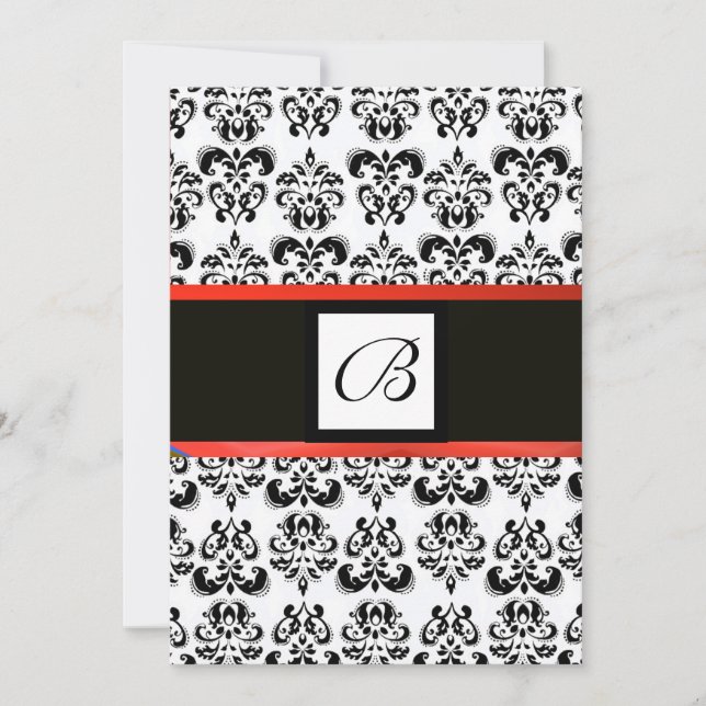 DAMASK MONOGRAM,black and white,red Invitation (Front)