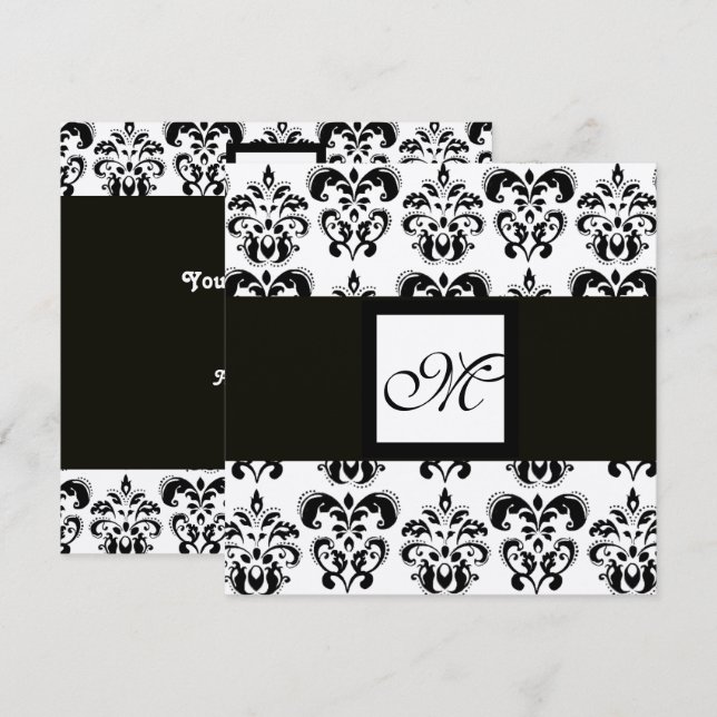 DAMASK MONOGRAM,black and white,silver metallic Invitation (Front/Back)