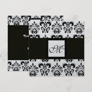 DAMASK MONOGRAM,black and white,silver metallic Invitation