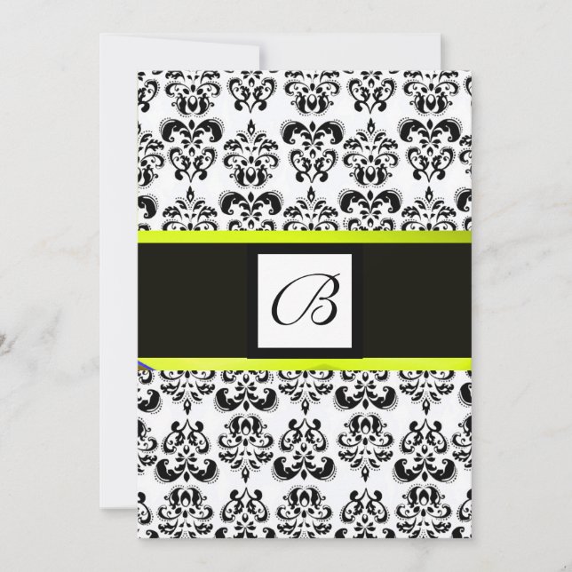 DAMASK MONOGRAM,black and white,yellow Invitation (Front)