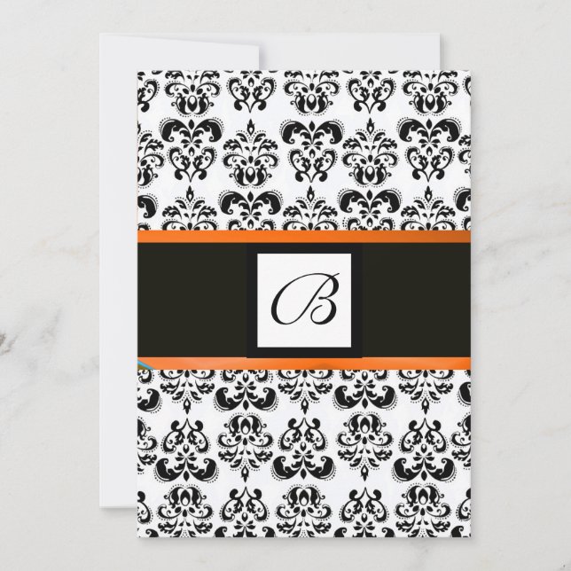 DAMASK MONOGRAM,black and white,yellow orange Invitation (Front)
