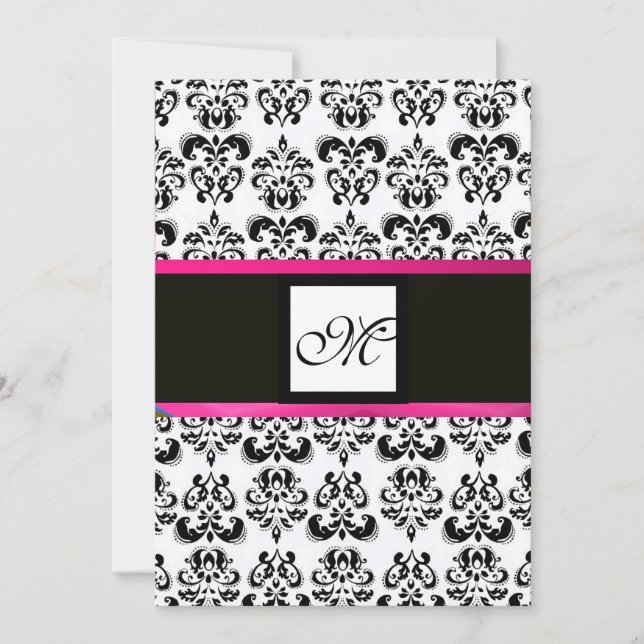 DAMASK MONOGRAM,black white, pink fuchsia violet Invitation (Front)
