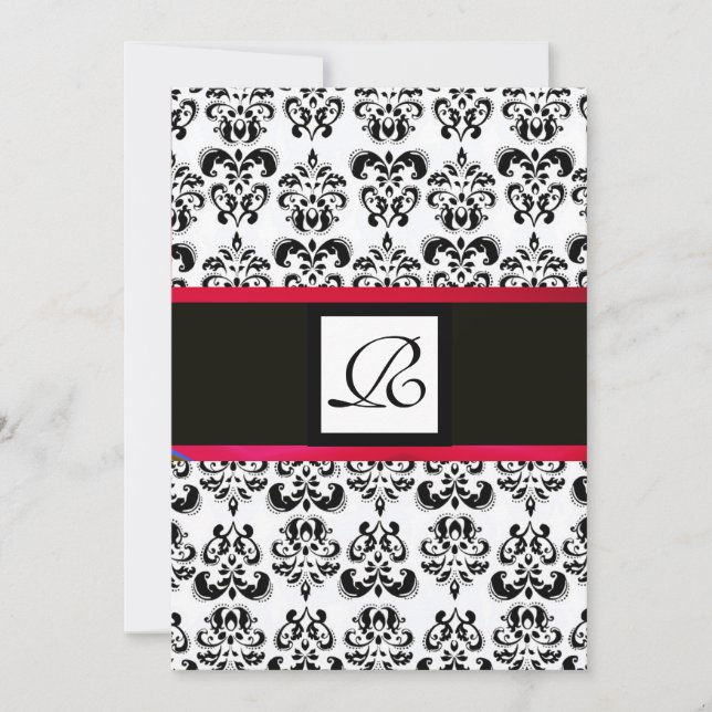 DAMASK MONOGRAM,black white, red burgundy Invitation (Front)