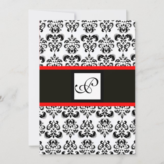 DAMASK MONOGRAM,Black,White,Red Invitation (Front)
