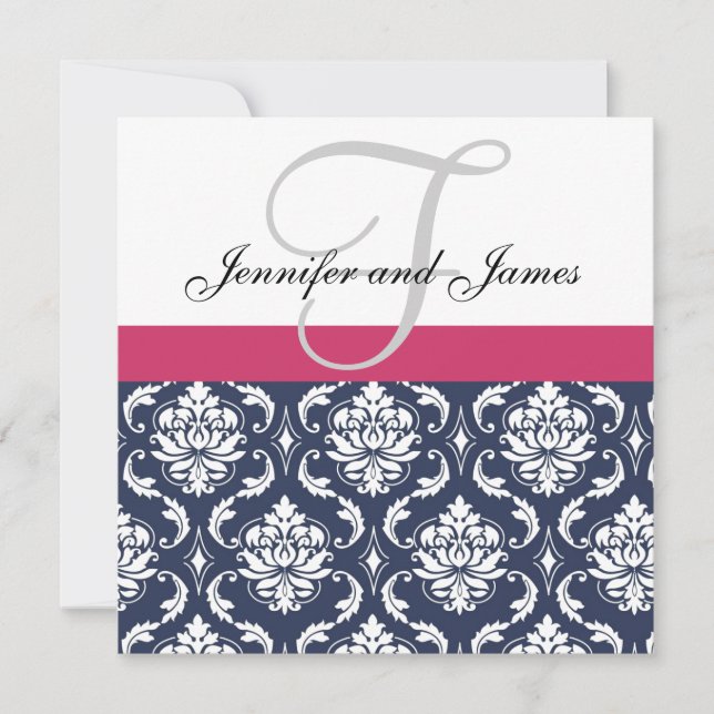 Damask Monogram Blue Pink White Wedding Invitation (Front)