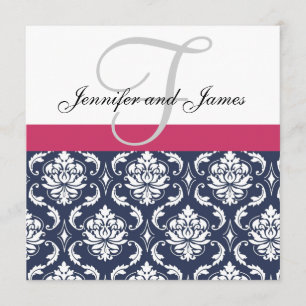 Damask Monogram Blue Pink White Wedding Invitation
