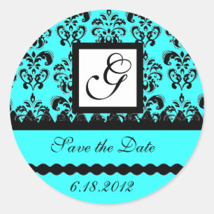 DAMASK MONOGRAM, blue turquase Classic Round Sticker