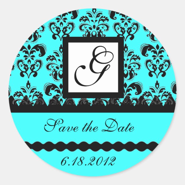 DAMASK MONOGRAM, blue turquase Classic Round Sticker (Front)