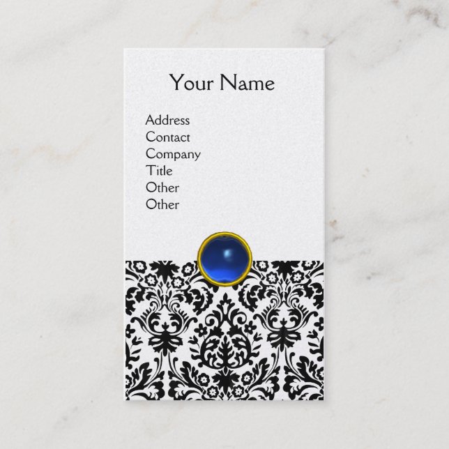 DAMASK MONOGRAM gem blue platinum Business Card (Front)