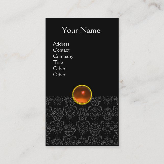 DAMASK MONOGRAM gem orange black Business Card (Front)