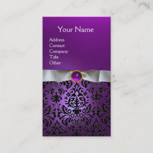 DAMASK MONOGRAM gem purple white ribbon Business Card