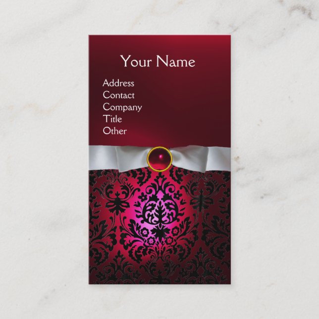 DAMASK MONOGRAM gem red burgundy white ribbon Business Card (Front)