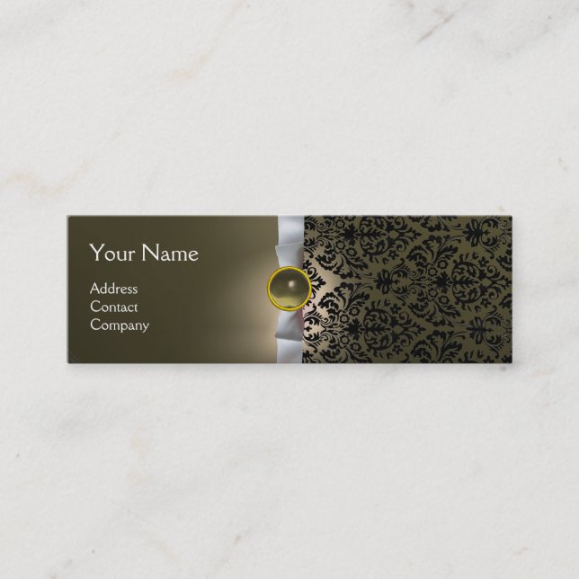 DAMASK MONOGRAM gem ribbon white grey Mini Business Card (Front)