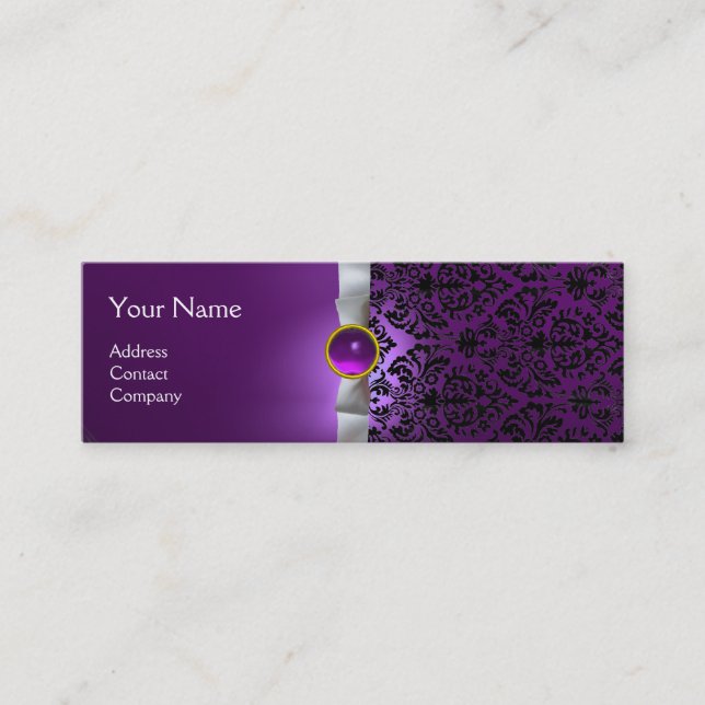 DAMASK MONOGRAM gem ribbon white purple Mini Business Card (Front)