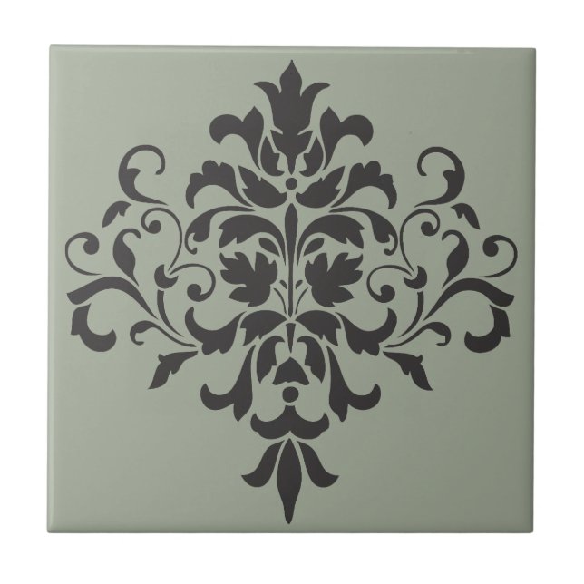 Damask Monogram in Elegant Grey and Black Ceramic Tile (Front)