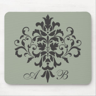 Damask Monogram in Elegant Grey or Grey Mouse Pad