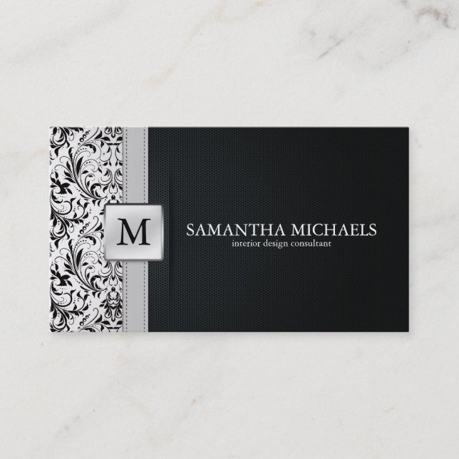 Damask Monogram Interior Design Business Cards (Front)
