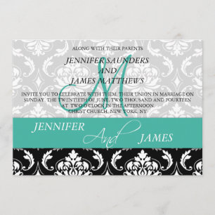 Damask Monogram Names Turquoise Wedding Invitation